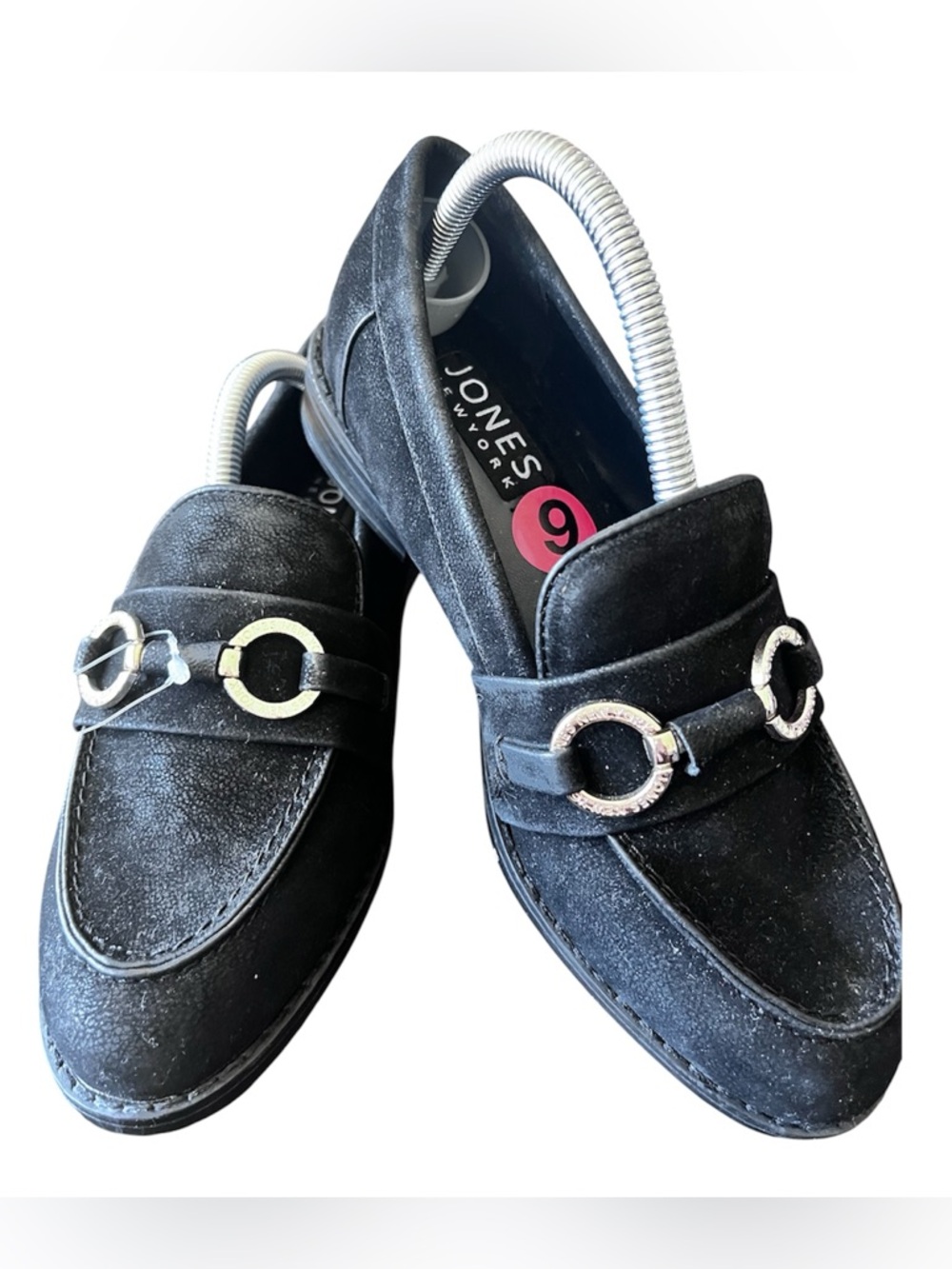 Jones New York Black Suede Loafers with Circular Silver Accents Size 6 NWOB